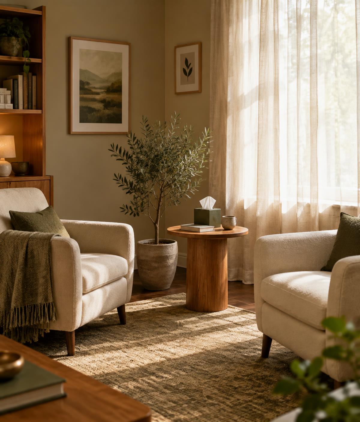 Consultorio cálido con sillones y luz natural